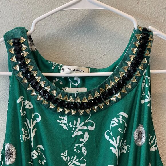 Jon & Anna Green Maxi Dress Beaded Neckline Floral Sleeveless Elastic Waist 3X - Picture 4 of 14